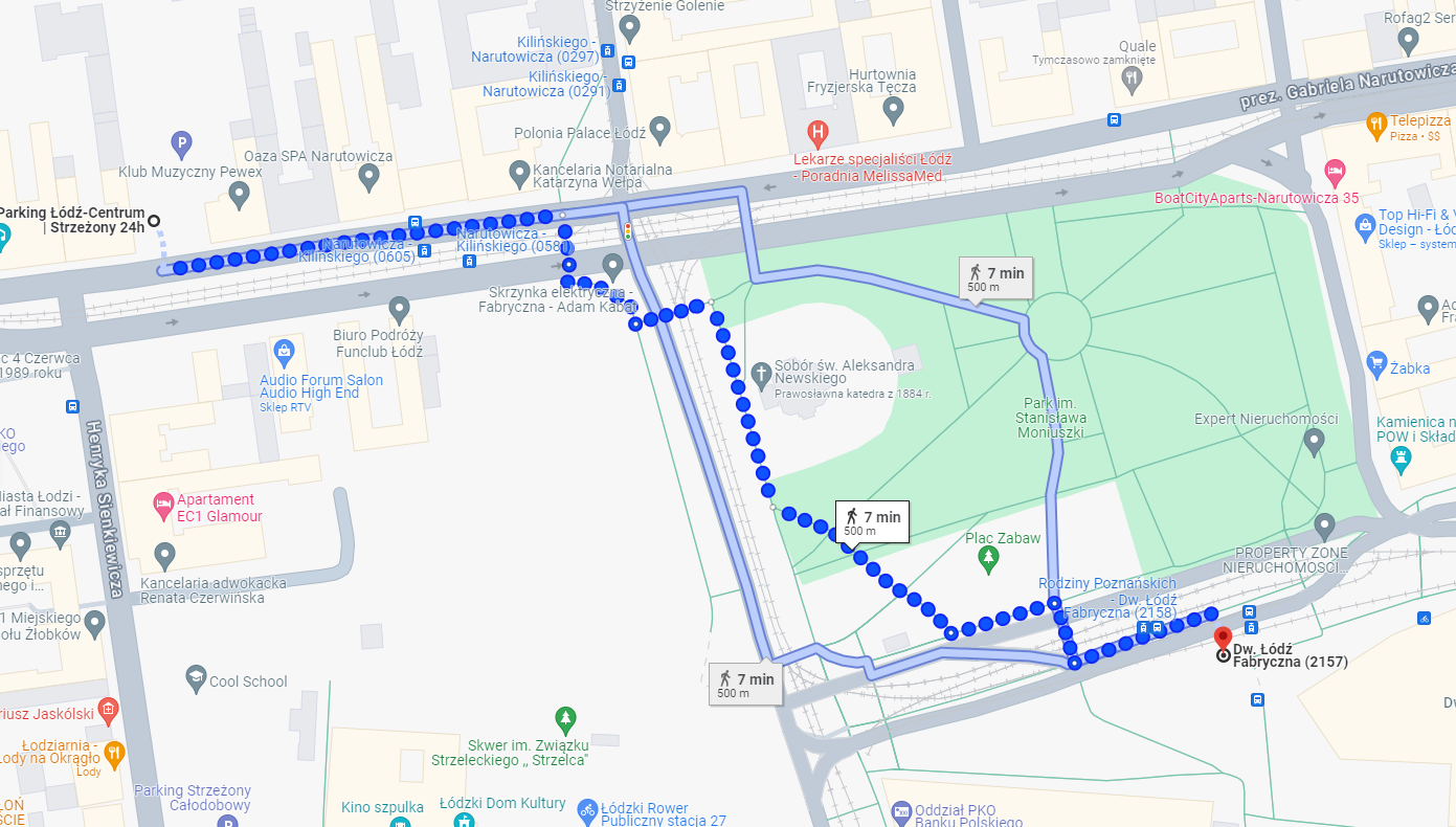 Mapa z trasą na Łódź Fabryczną
